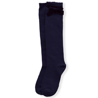 Високи чорапи с декоративна панделка от кадифе в тъмно синьо