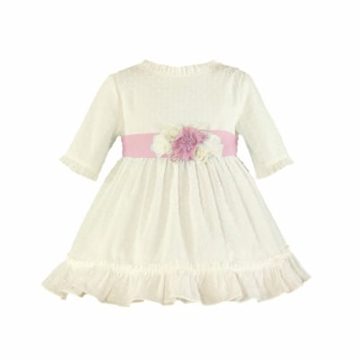 Детска рокля в бяло с розов колан и цвете с диадема 