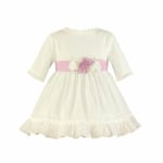 Детска рокля в бяло с розов колан и цвете с диадема 